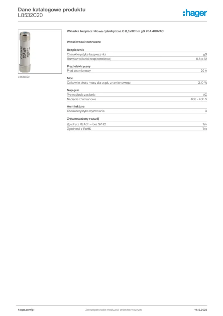 Zdjęcie Hager Karta katalogowa L8532C20 | Hager Polska