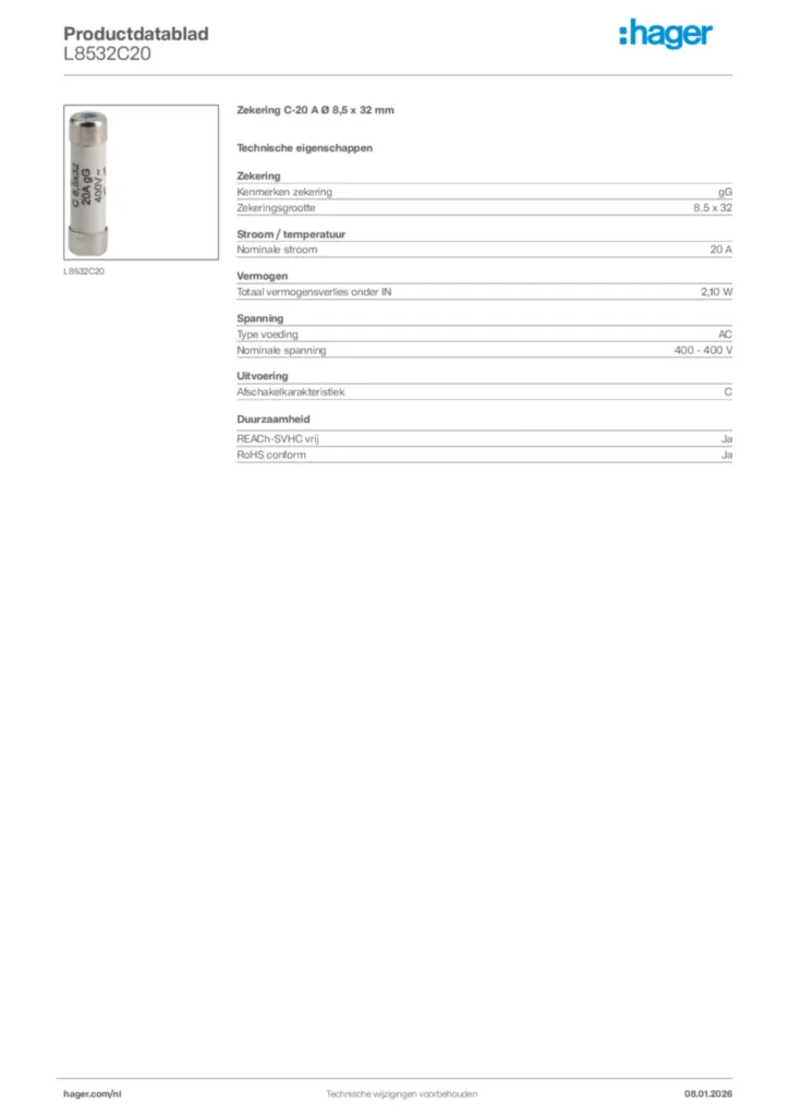 Afbeelding Hager Productdatablad L8532C20 | Hager Nederland