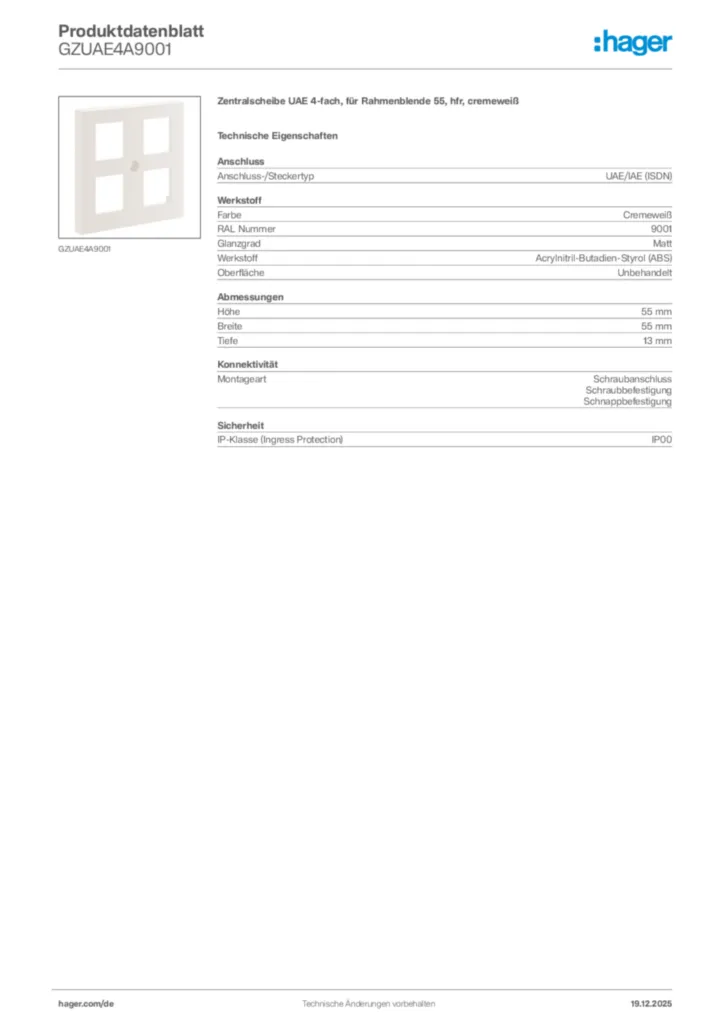 Bild Hager Produktdatenblatt GZUAE4A9001 | Hager Deutschland