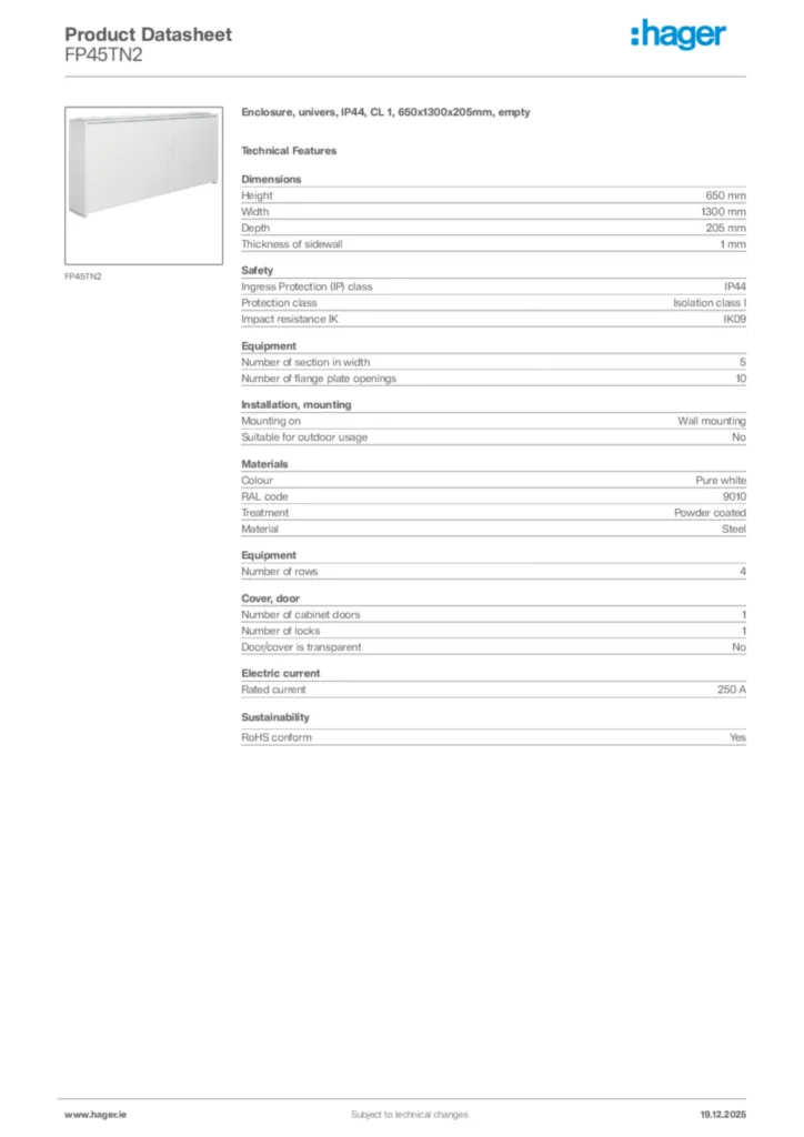Image Hager Product data sheet FP45TN2  | Hager