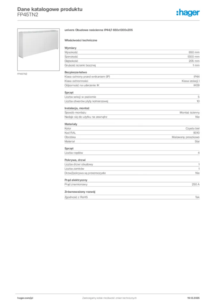 Zdjęcie Hager Karta katalogowa FP45TN2 | Hager Polska