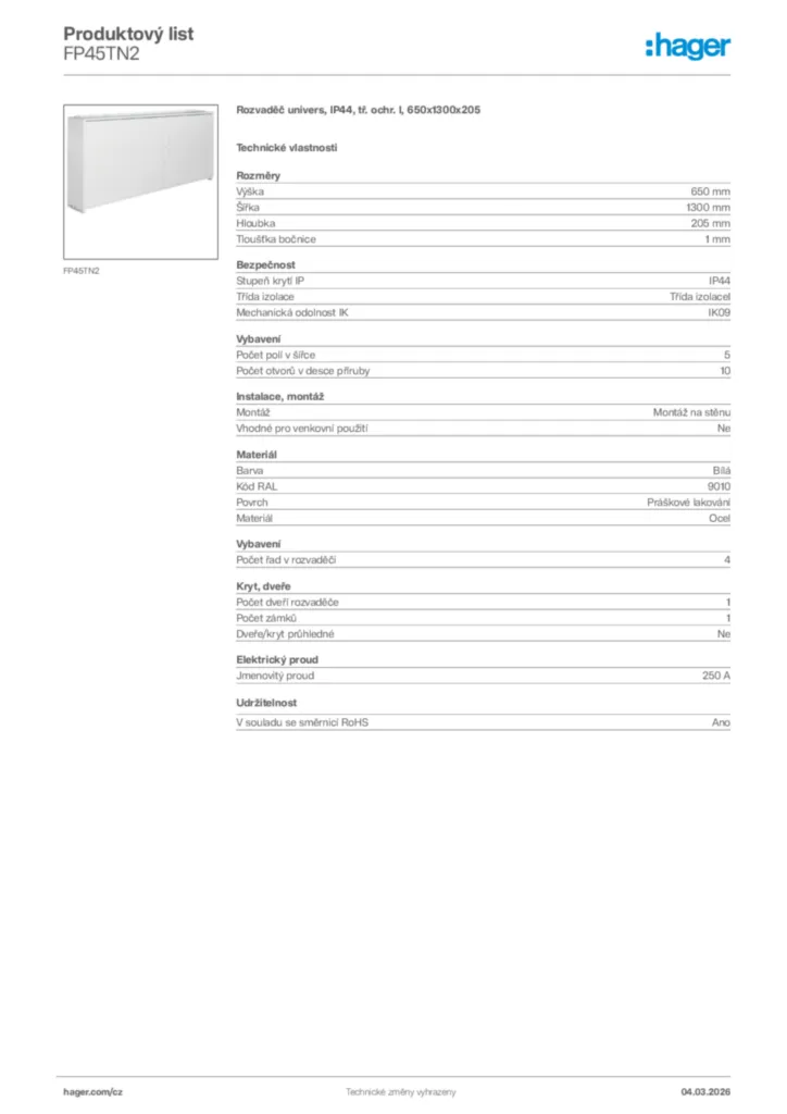Obrázek Hager Product data sheet FP45TN2 | Hager