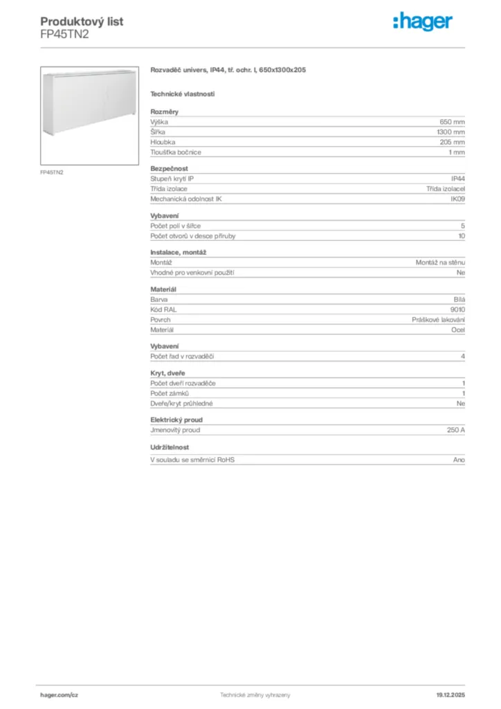 Obrázek Hager Produktový list FP45TN2 | Hager