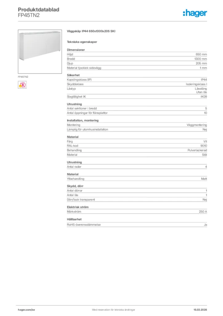 Bild Hager Produktdatablad FP45TN2 | Hager Sverige