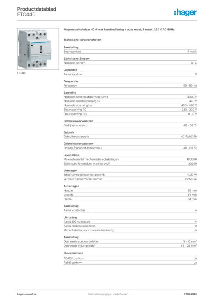 Afbeelding Hager Productdatablad ETC440 | Hager Belgium
