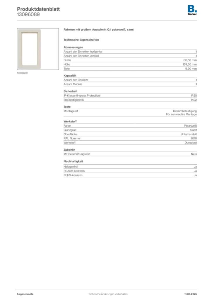 Bild Berker Produktdatenblatt 13096089 | Hager Deutschland