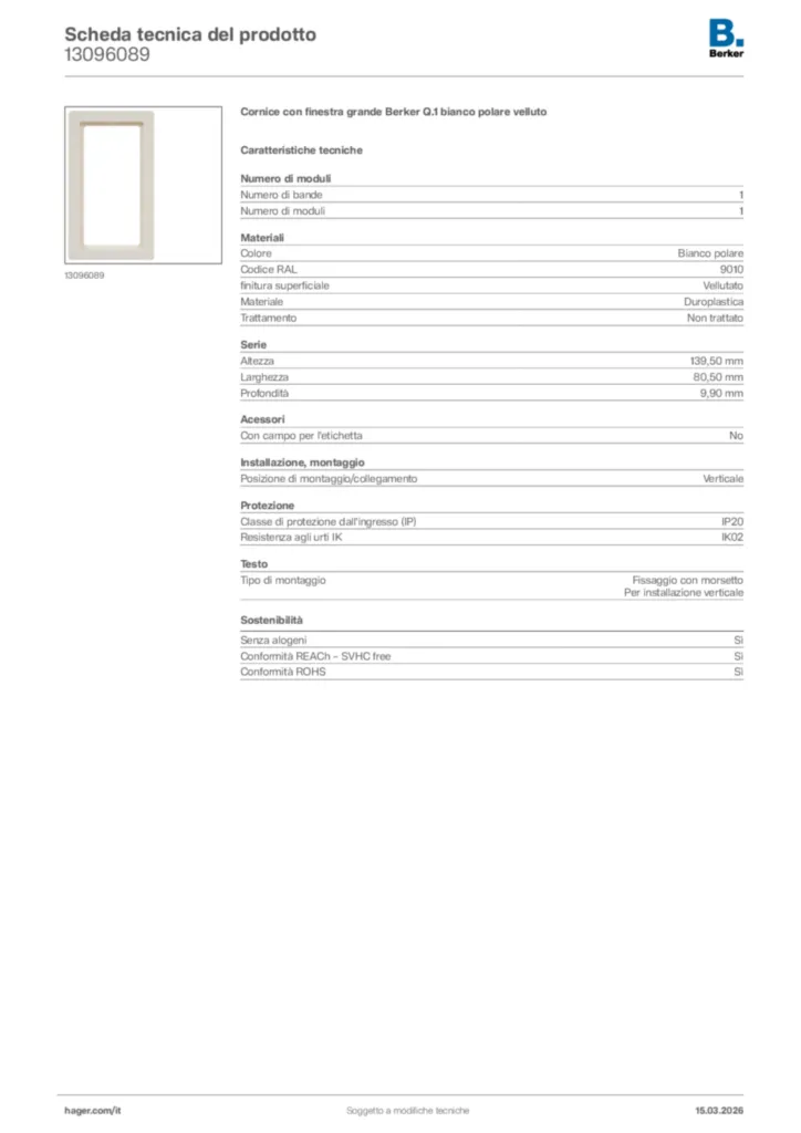 Immagine Berker Scheda tecnica del prodotto 13096089 | Hager Italia