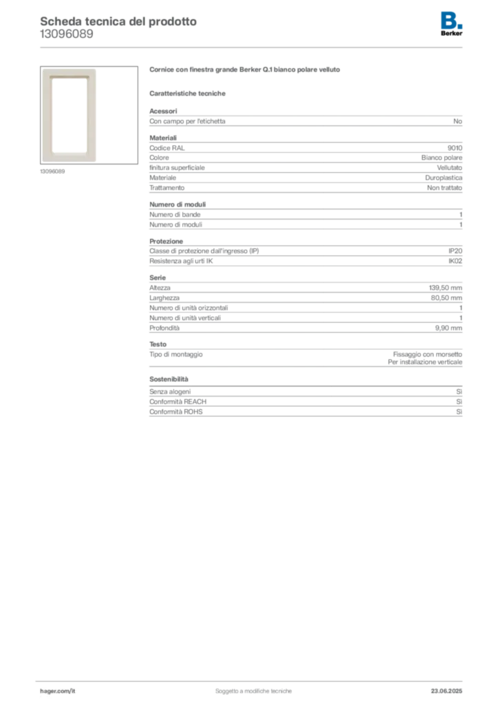 Immagine Berker Scheda tecnica del prodotto 13096089 | Hager Italia