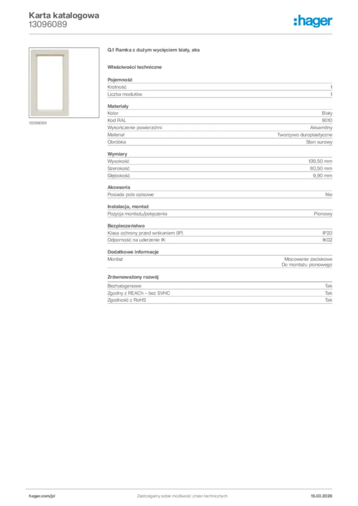Zdjęcie Hager Karta katalogowa 13096089 | Hager Polska