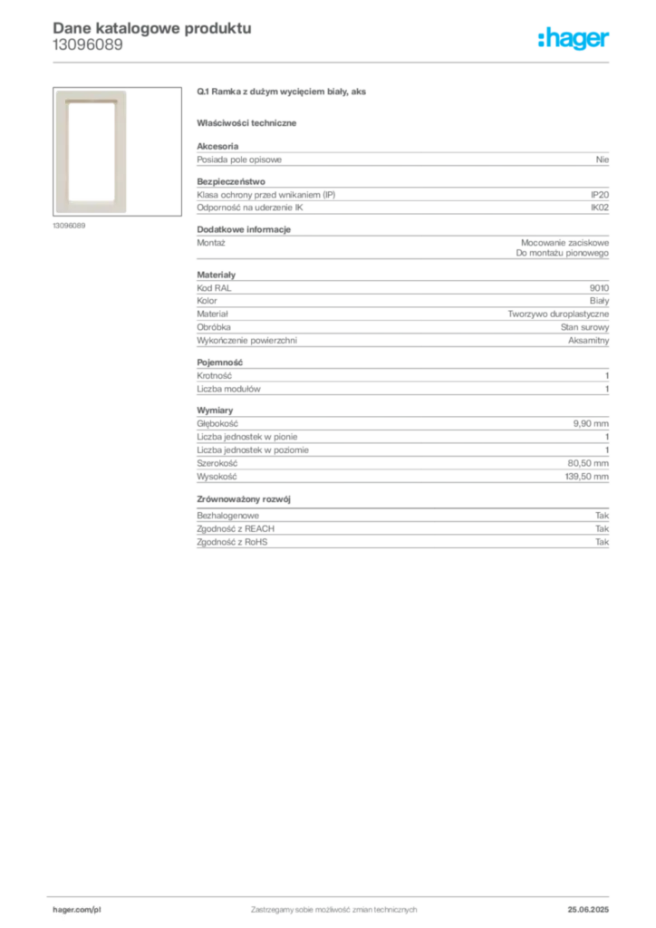 Zdjęcie Hager Karta katalogowa 13096089 | Hager Polska