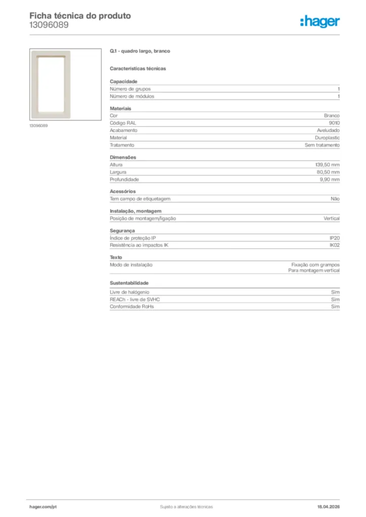 Imagem Hager Ficha técnica do produto 13096089 | Hager Portugal