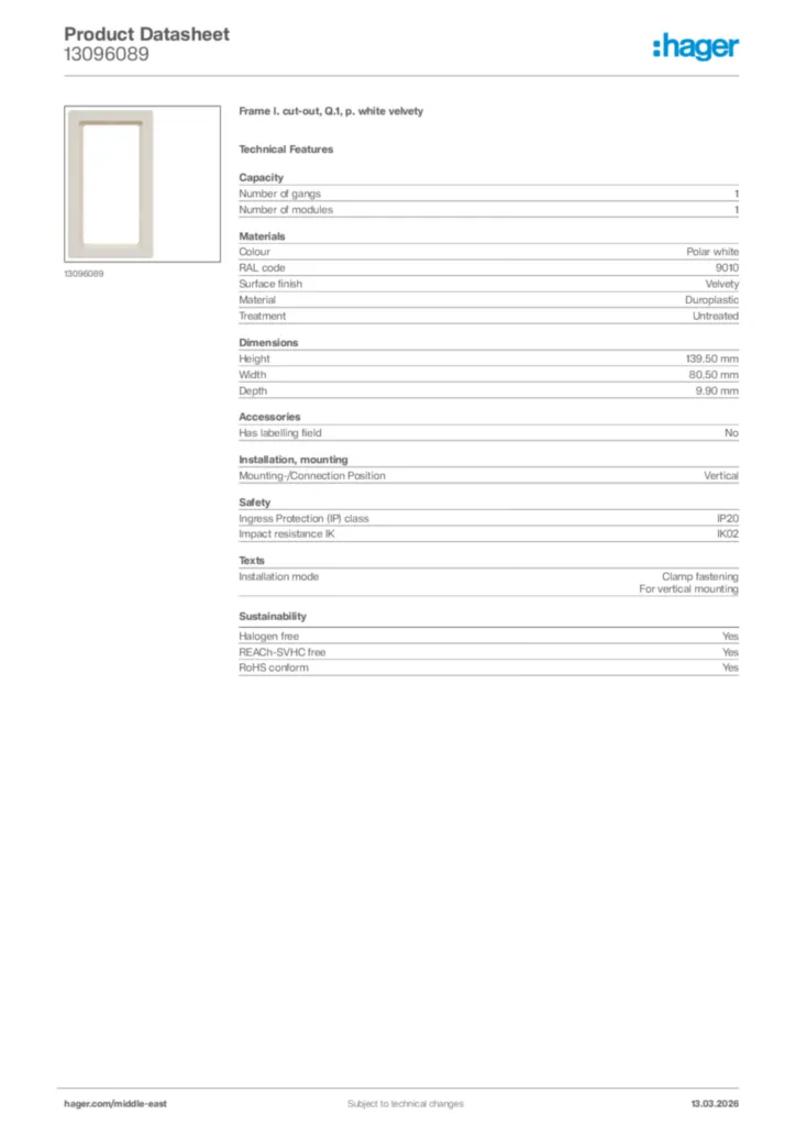 Image Hager Product data sheet 13096089  | Hager