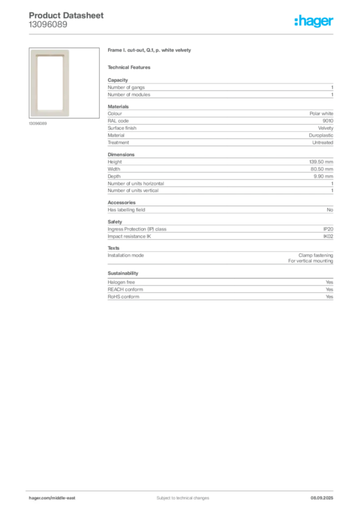 Image Hager Product data sheet 13096089  | Hager
