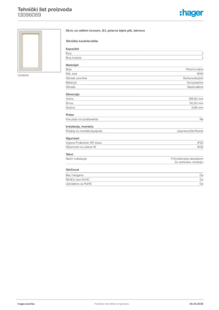 Slika Hager Tehnički list proizvoda 13096089  | Hager
