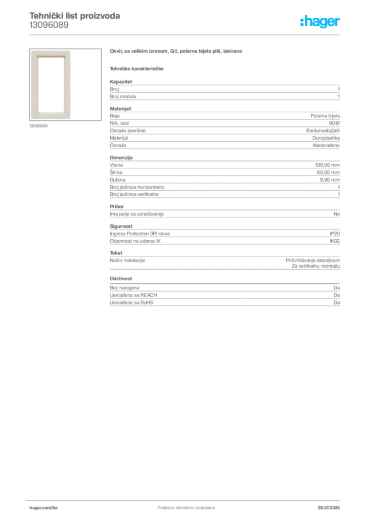 Slika Hager Product data sheet 13096089  | Hager