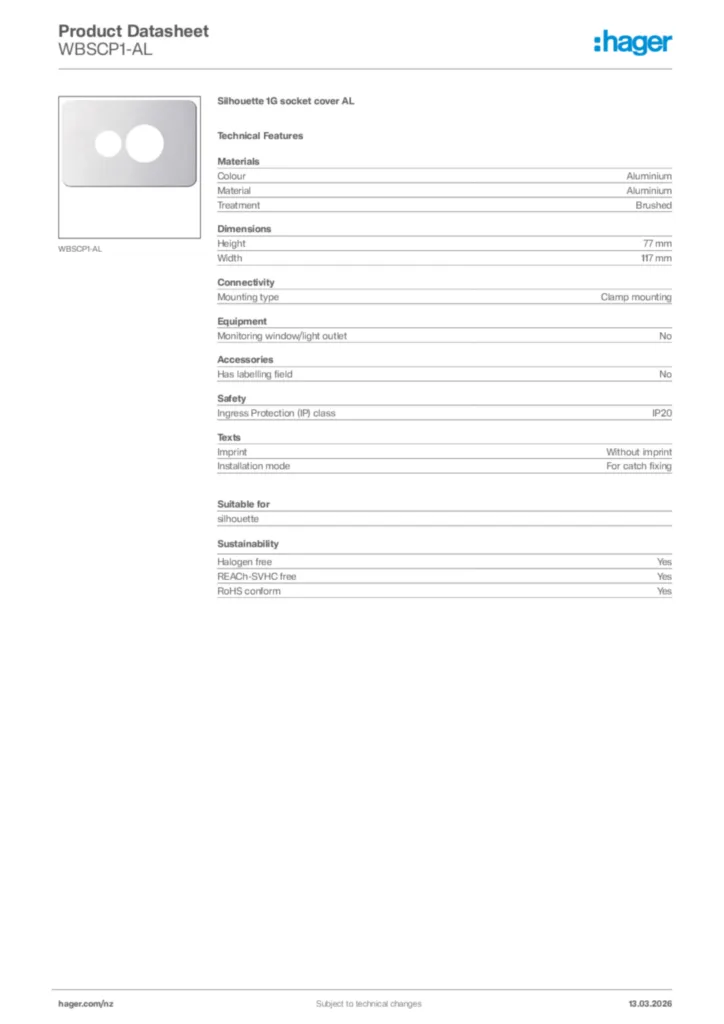 Image Hager Product data sheet WBSCP1-AL  | Hager New Zealand