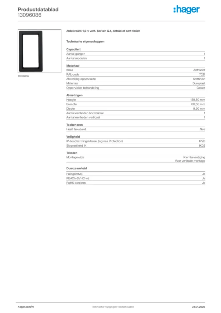 Afbeelding Hager Productdatablad 13096086 | Hager Nederland