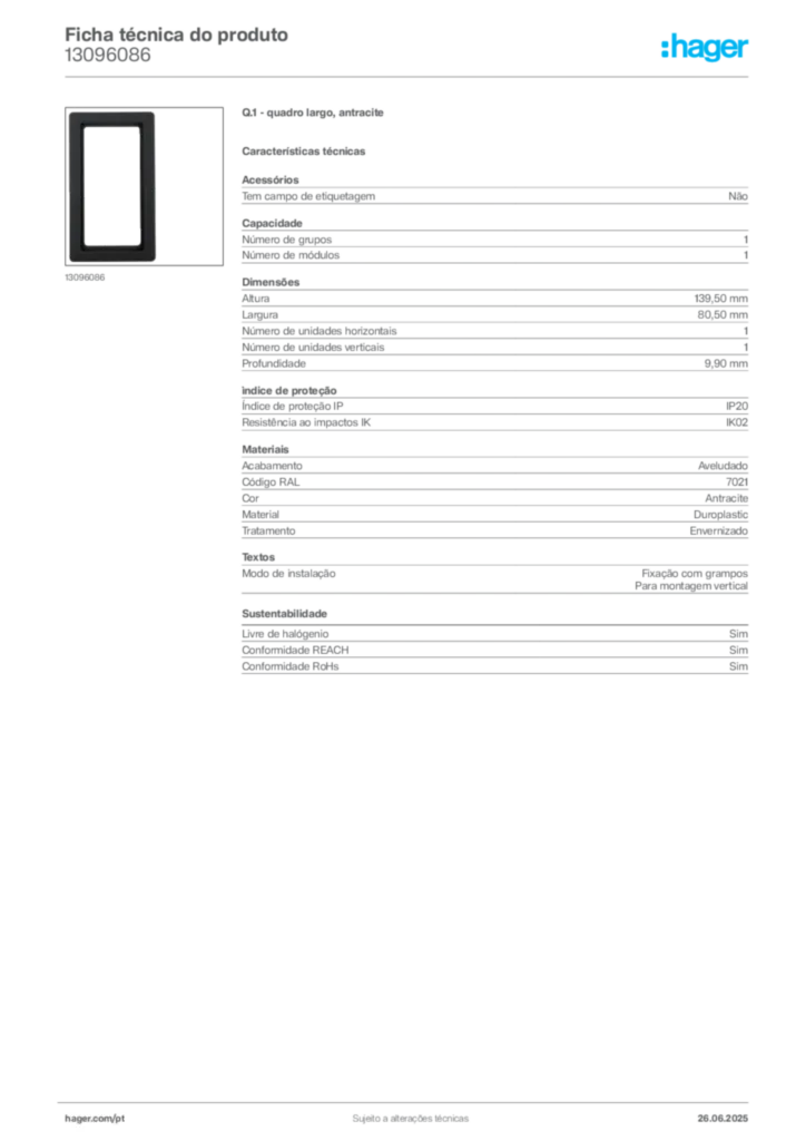 Imagem Hager Ficha técnica do produto 13096086 | Hager Portugal