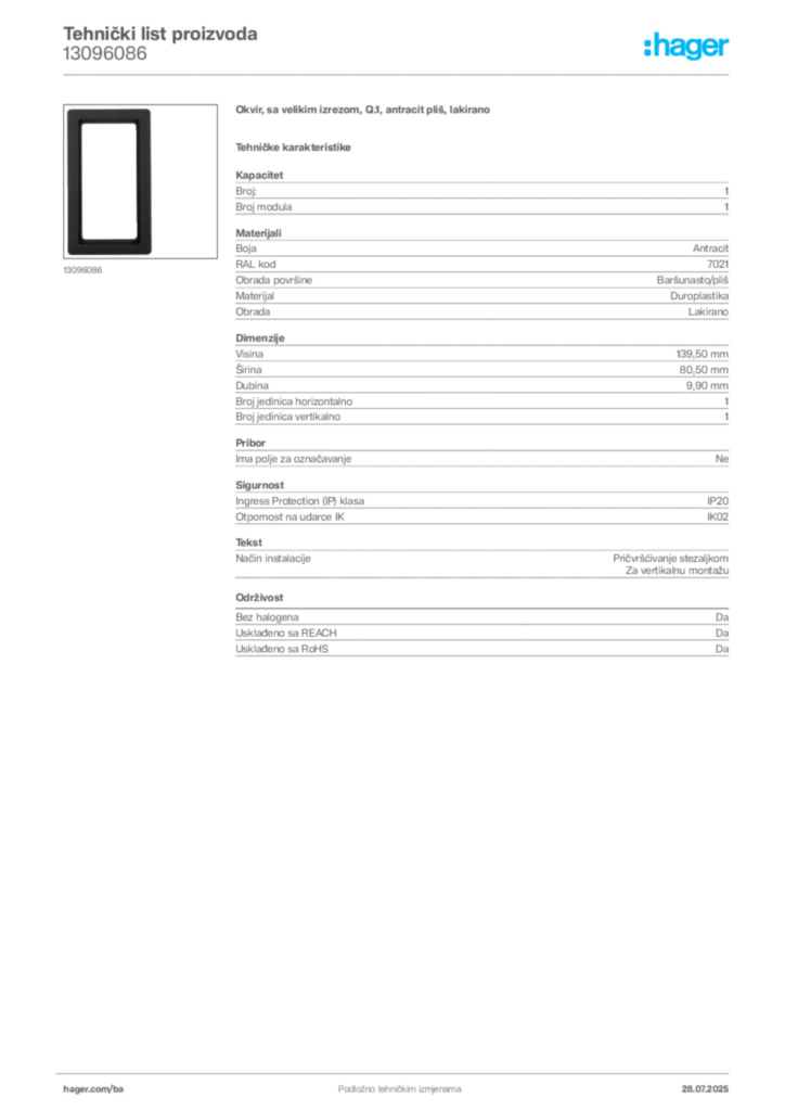 Slika Hager Product data sheet 13096086  | Hager