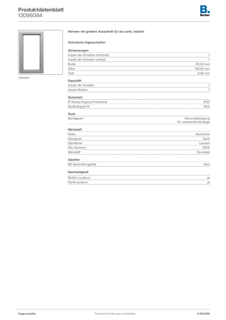 Bild Berker Produktdatenblatt 13096084 | Hager Deutschland