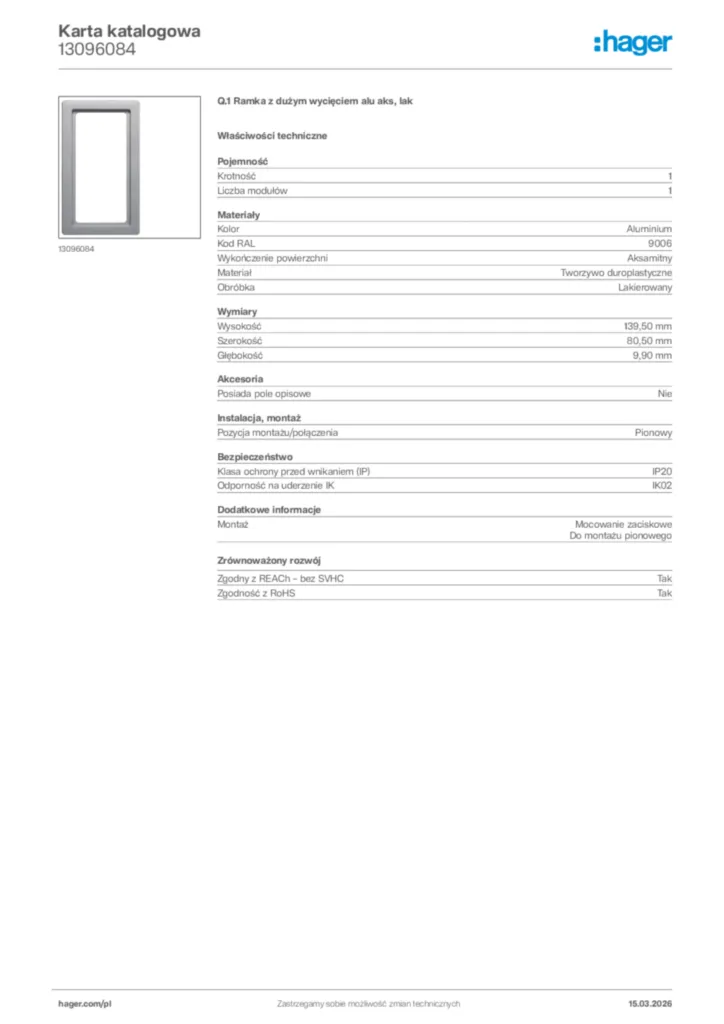 Zdjęcie Hager Karta katalogowa 13096084 | Hager Polska
