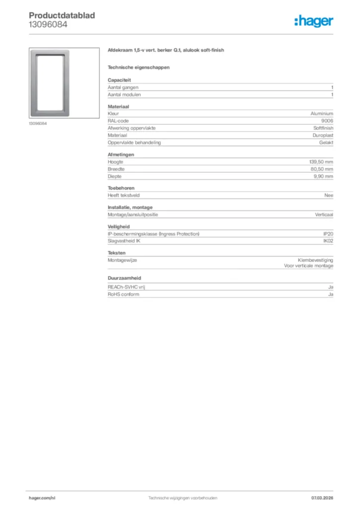 Afbeelding Hager Productdatablad 13096084 | Hager Nederland
