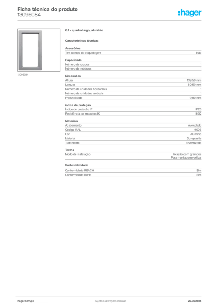 Imagem Hager Ficha técnica do produto 13096084 | Hager Portugal