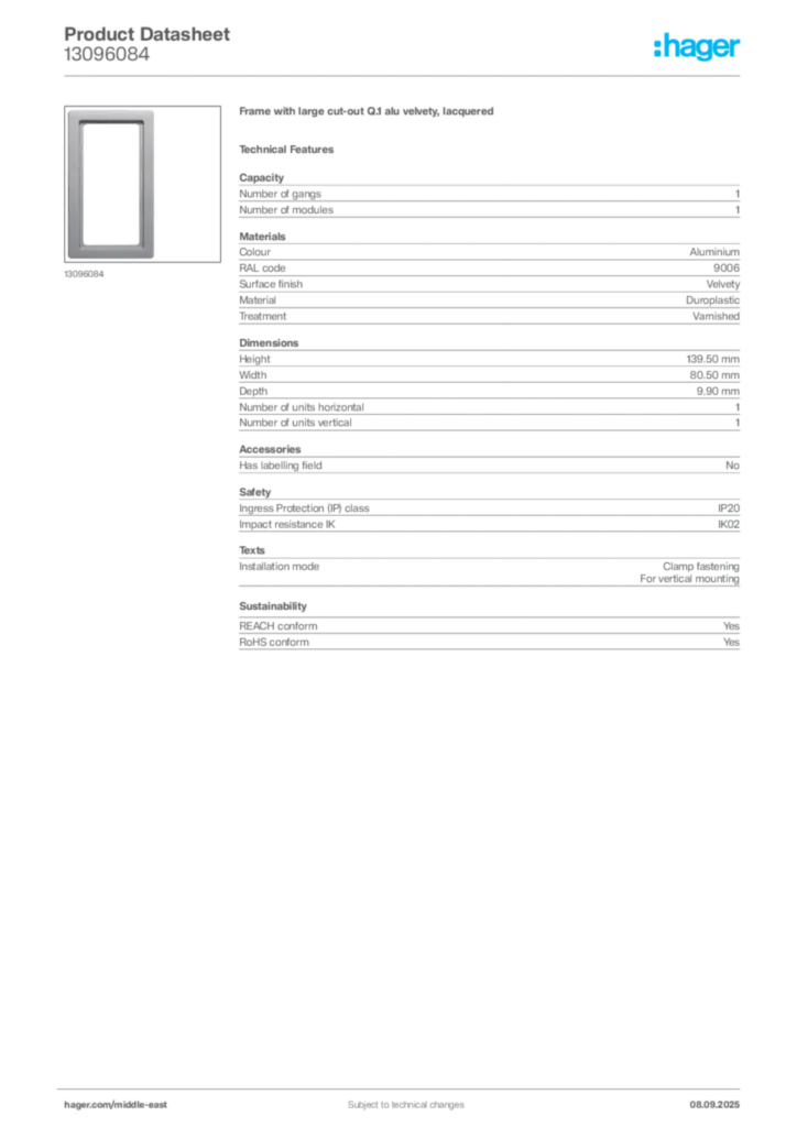 Image Hager Product data sheet 13096084  | Hager