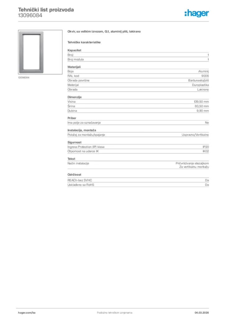 Slika Hager Tehnički list proizvoda 13096084  | Hager