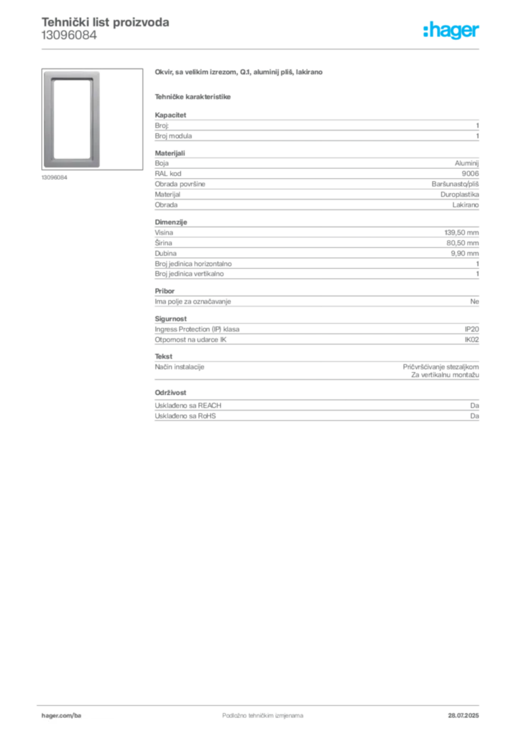 Slika Hager Product data sheet 13096084  | Hager