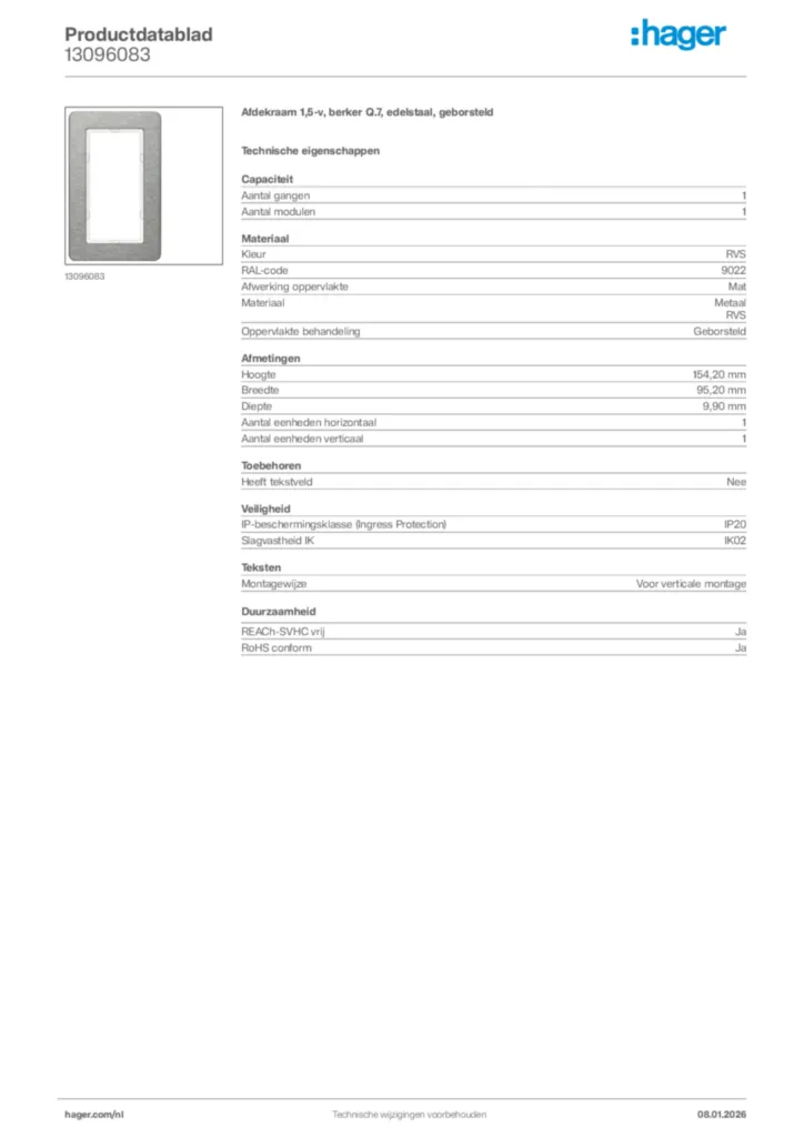 Afbeelding Hager Productdatablad 13096083 | Hager Nederland