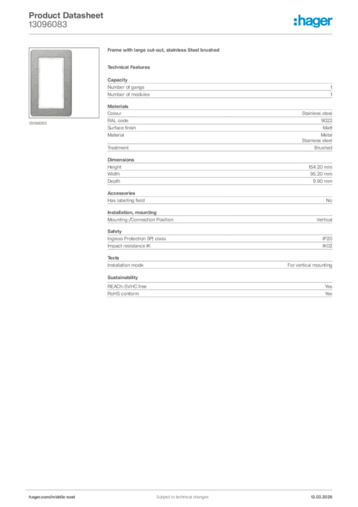 Image Hager Product data sheet 13096083  | Hager