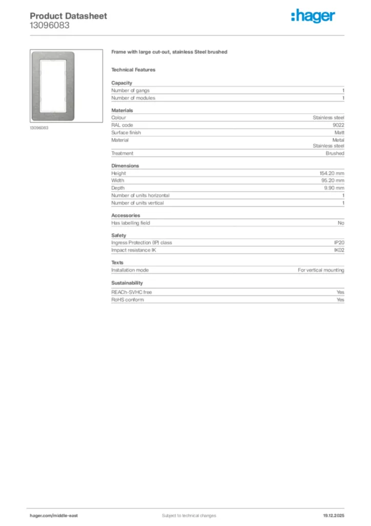 Image Hager Product data sheet 13096083  | Hager