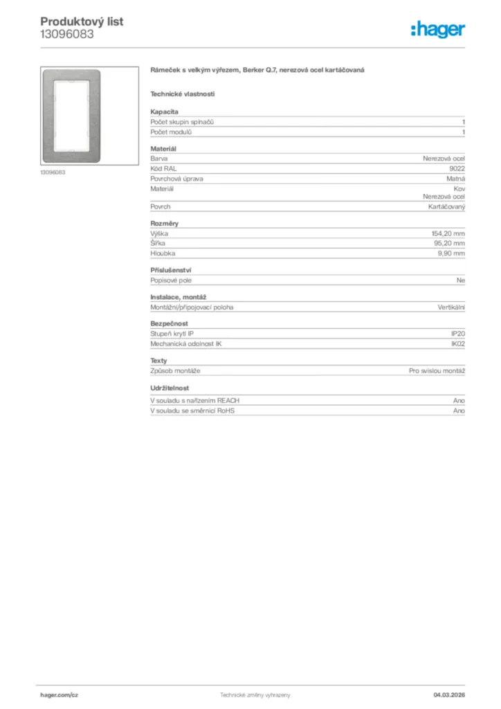 Obrázek Hager Product data sheet 13096083 | Hager
