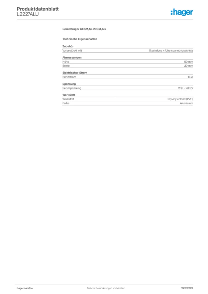 Bild Hager Produktdatenblatt L2227ALU | Hager Deutschland