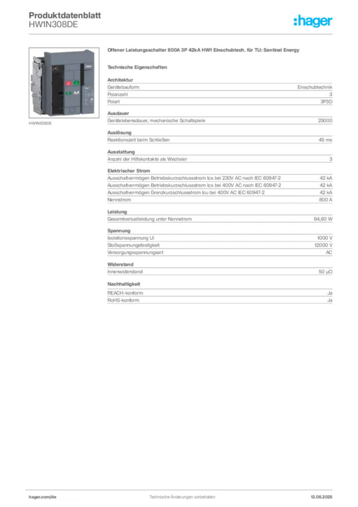 Bild Hager Produktdatenblatt HW1N308DE | Hager Deutschland