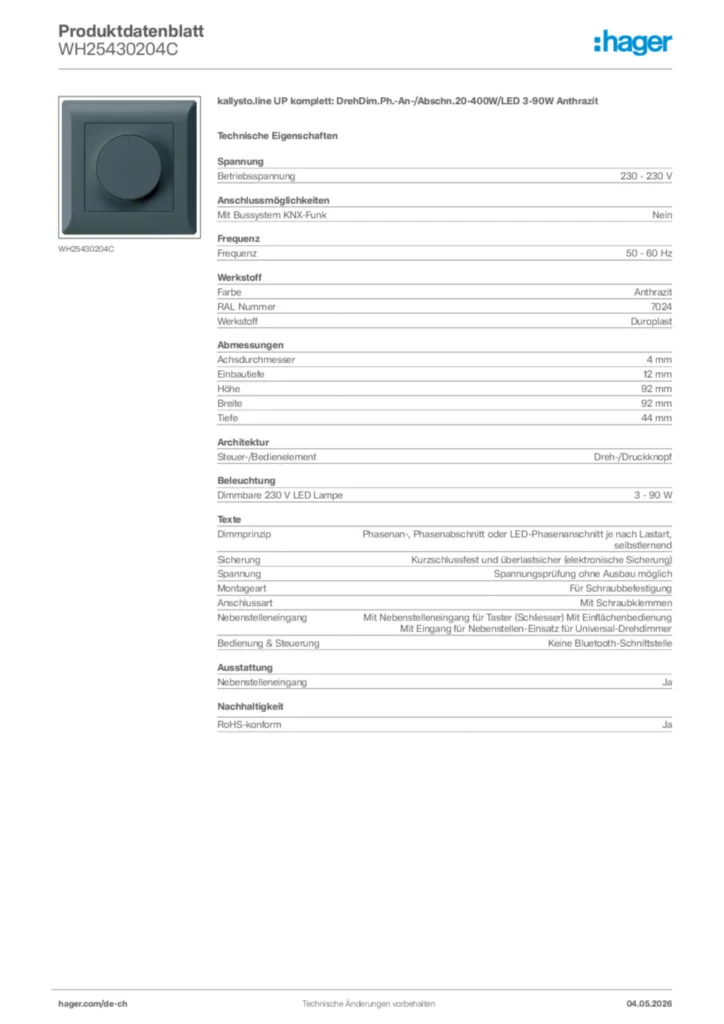 Bild Hager Produktdatenblatt WH25430204C | Hager Schweiz