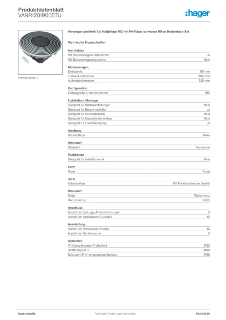 Bild Hager Produktdatenblatt VANR12019005TU | Hager Deutschland