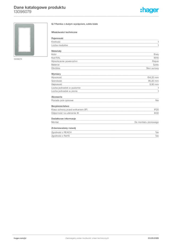 Zdjęcie Hager Karta katalogowa 13096079 | Hager Polska