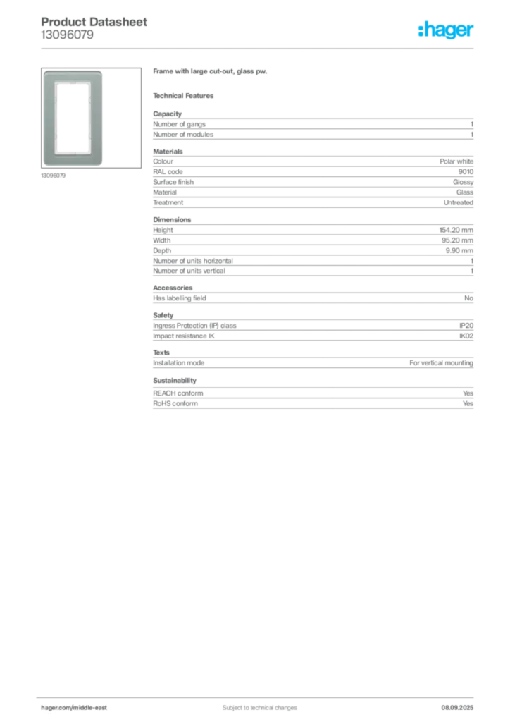 Image Hager Product data sheet 13096079  | Hager