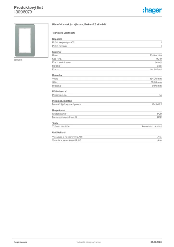 Obrázek Hager Product data sheet 13096079 | Hager