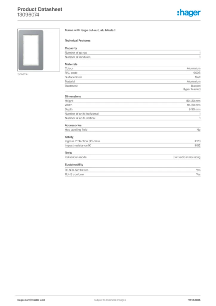 Image Hager Product data sheet 13096074  | Hager