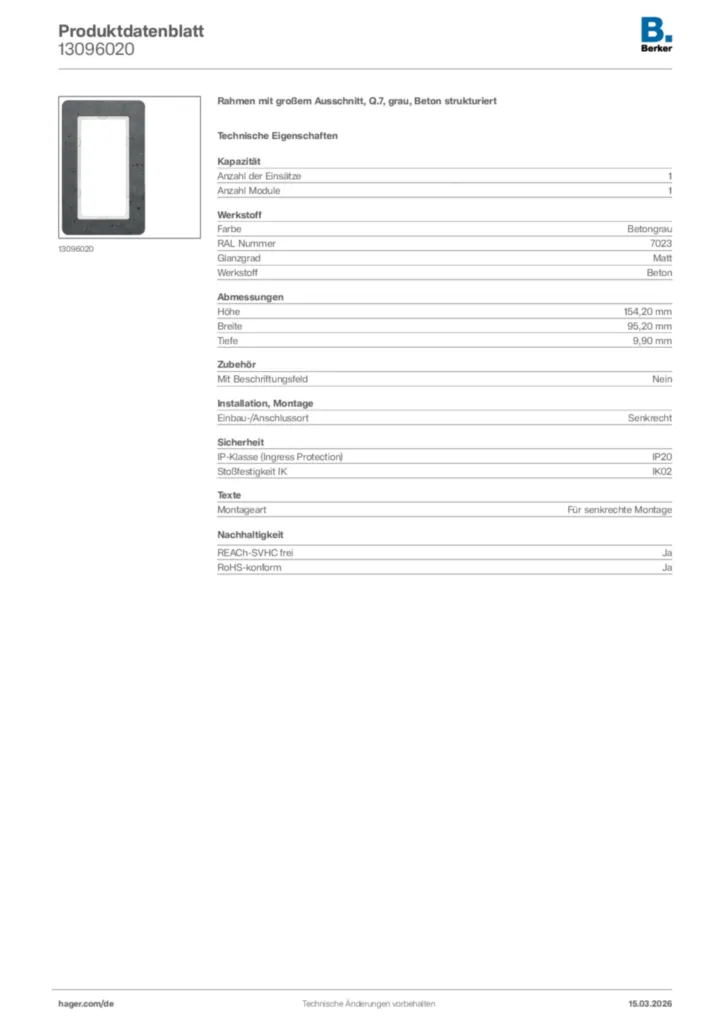 Bild Berker Produktdatenblatt 13096020 | Hager Deutschland