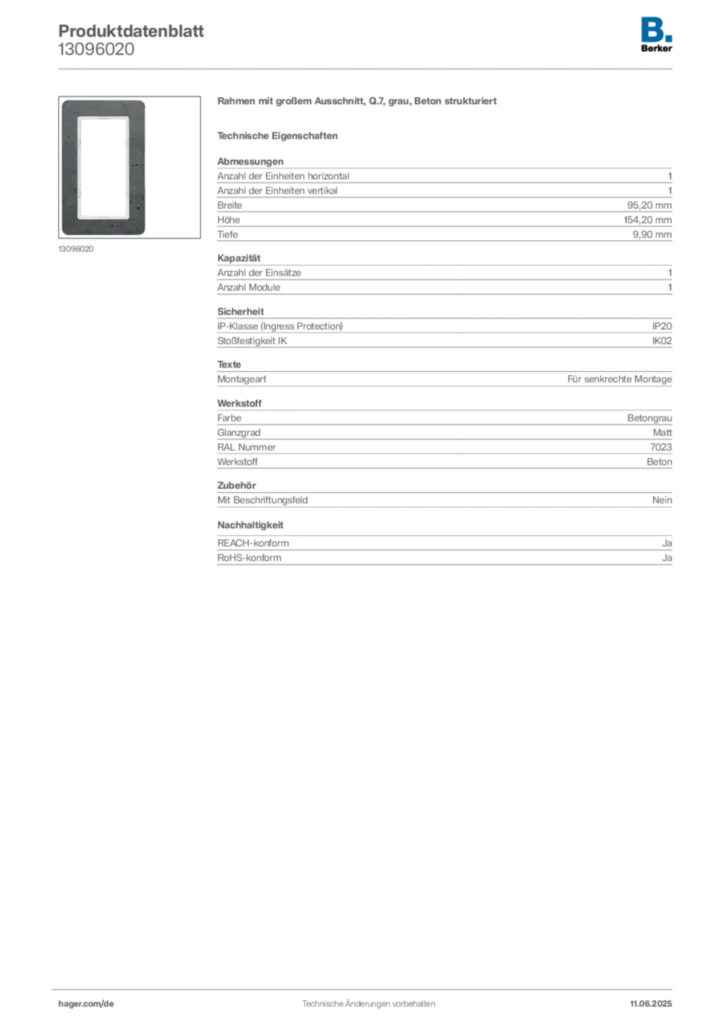 Bild Berker Produktdatenblatt 13096020 | Hager Deutschland