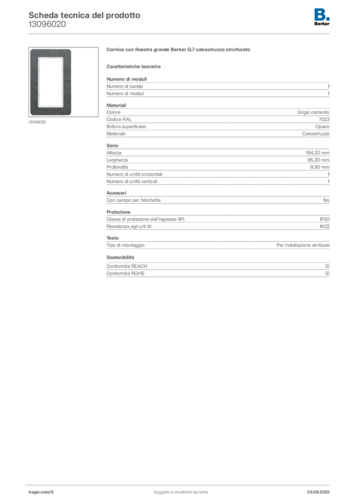 Immagine Berker Scheda tecnica del prodotto 13096020 | Hager Italia
