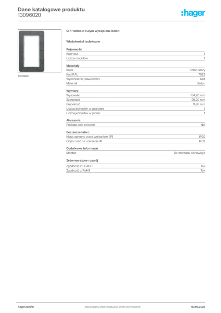 Zdjęcie Hager Karta katalogowa 13096020 | Hager Polska