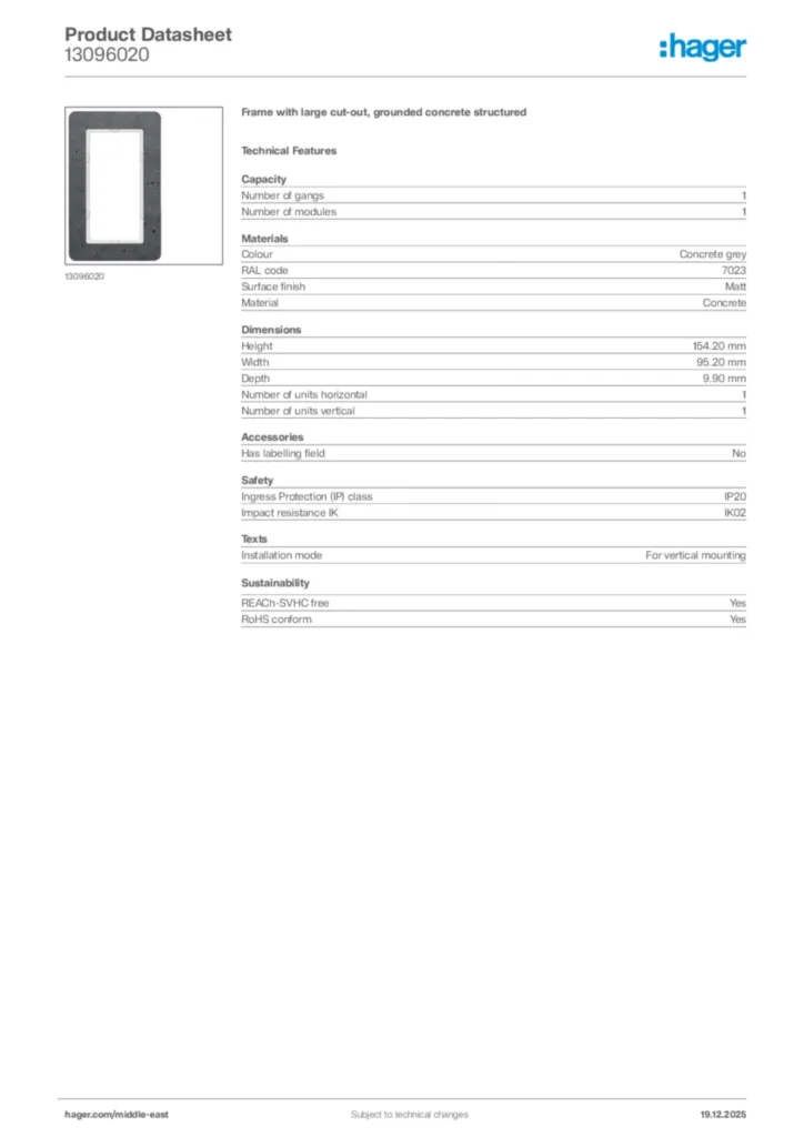 Image Hager Product data sheet 13096020  | Hager
