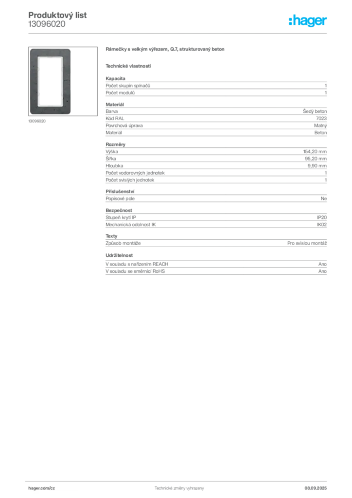 Obrázek Hager Produktový list 13096020 | Hager