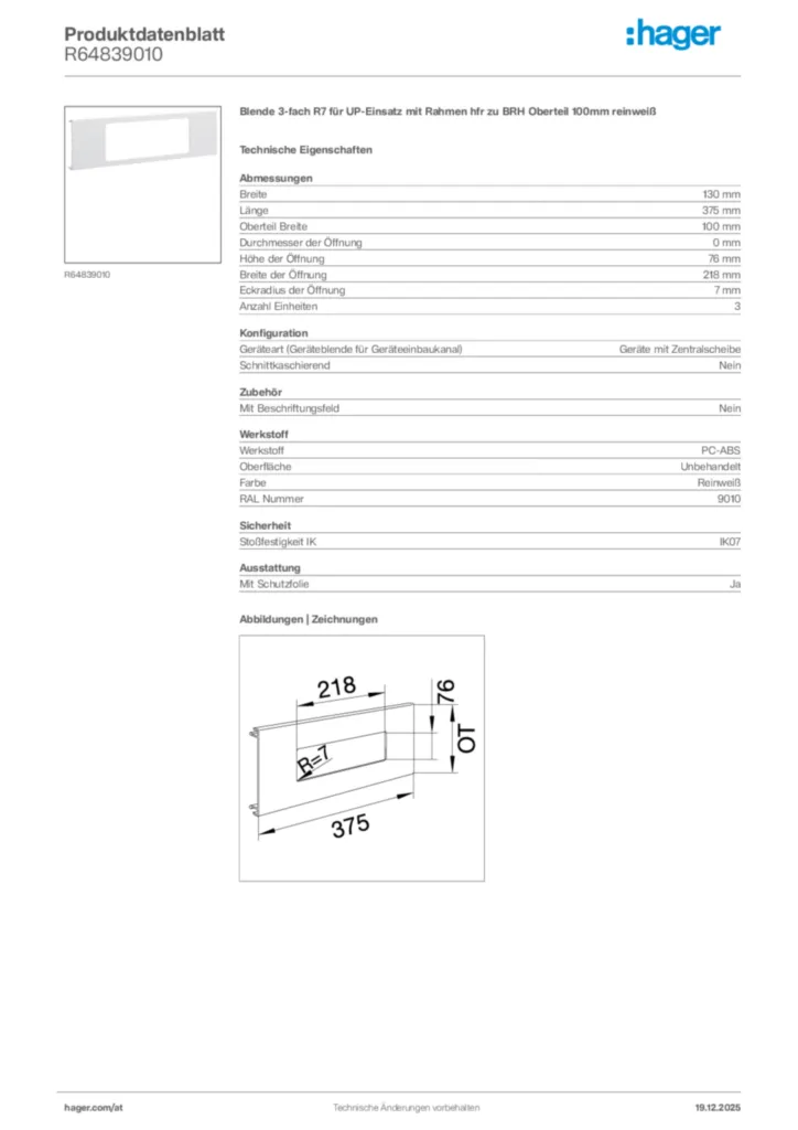 Bild Hager Produktdatenblatt R64839010 | Hager Deutschland