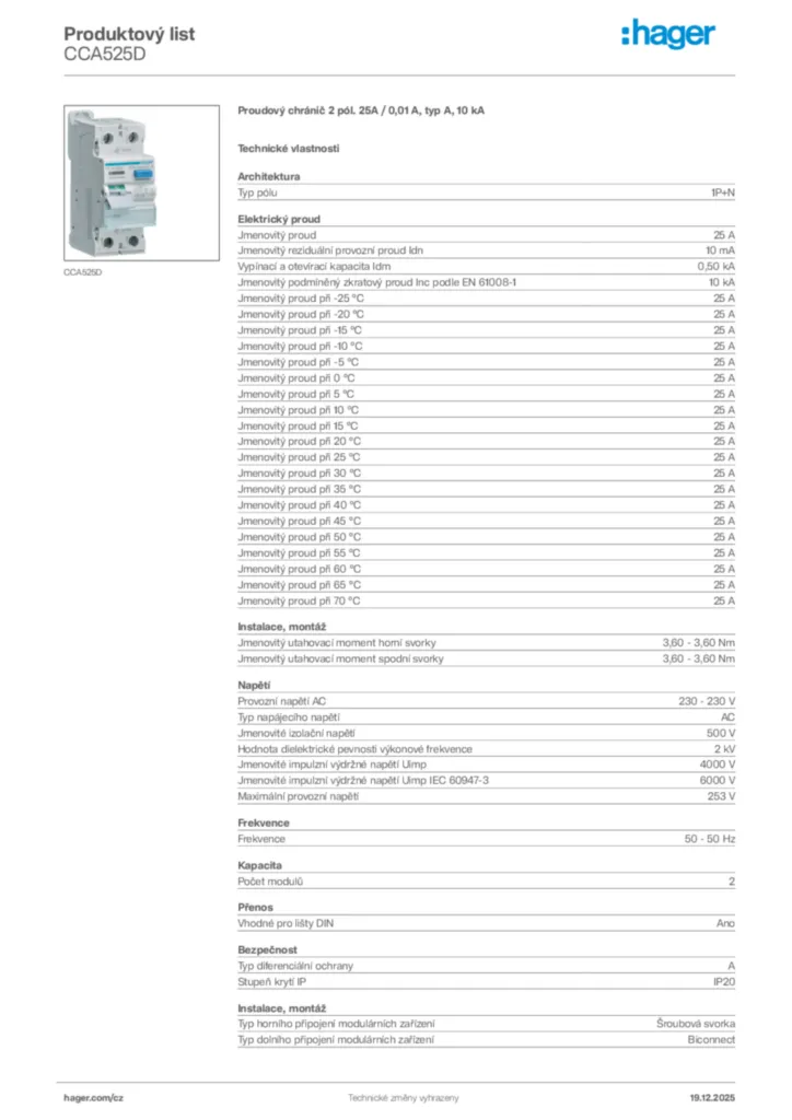 Obrázek Hager Produktový list CCA525D | Hager